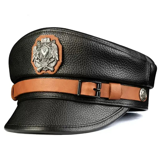 Orson Black Genuine Leather Military Cap - Classic Timeless Black Leather Hat For Men