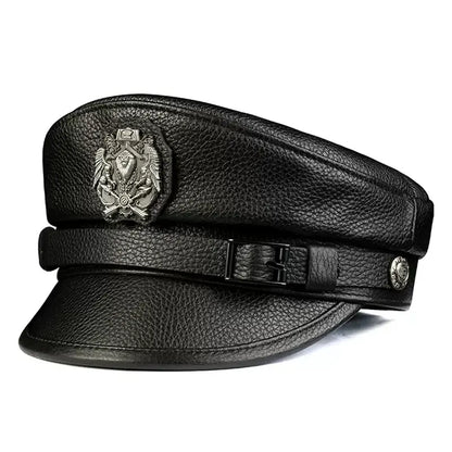 Orson Black Genuine Leather Military Cap - Classic Timeless Black Leather Hat For Men