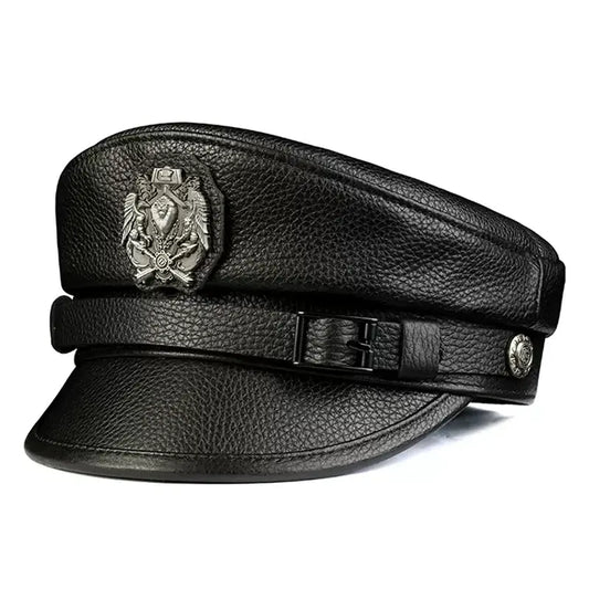 Orson Black Genuine Leather Military Cap - Classic Timeless Black Leather Hat For Men