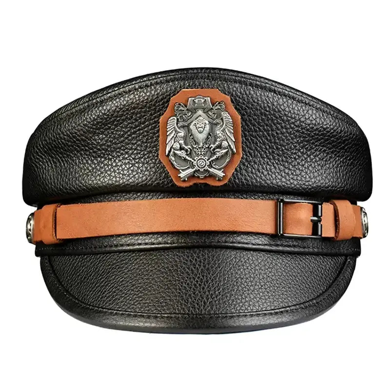 Orson Black Genuine Leather Military Cap - Classic Timeless Black Leather Hat For Men