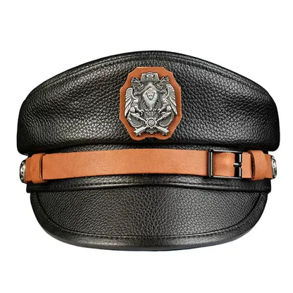 Orson Black Genuine Leather Military Cap - Classic Timeless Black Leather Hat For Men