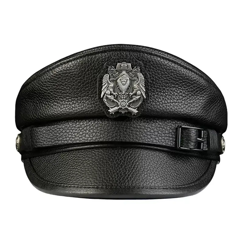 Orson Black Genuine Leather Military Cap - Classic Timeless Black Leather Hat For Men