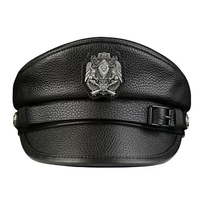 Orson Black Genuine Leather Military Cap - Classic Timeless Black Leather Hat For Men