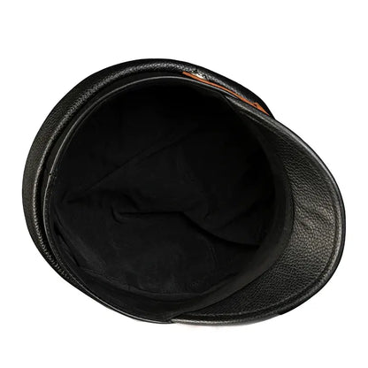 Orson Black Genuine Leather Military Cap - Classic Timeless Black Leather Hat For Men