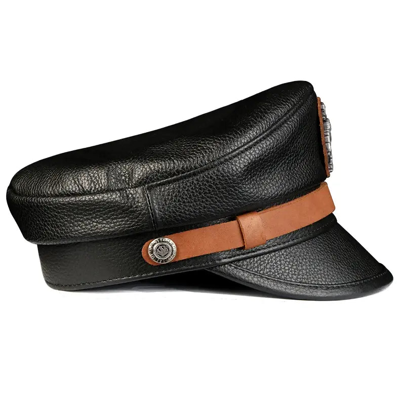 Orson Black Genuine Leather Military Cap - Classic Timeless Black Leather Hat For Men