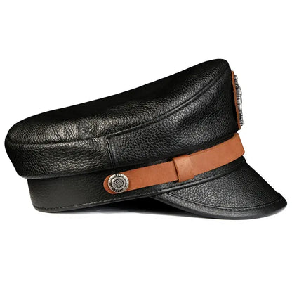 Orson Black Genuine Leather Military Cap - Classic Timeless Black Leather Hat For Men