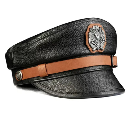 Orson Black Genuine Leather Military Cap - Classic Timeless Black Leather Hat For Men
