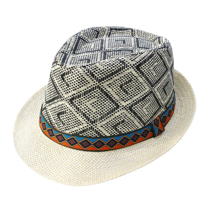 Panama Summer Trilby Hat - Hat In Natural Vegetable Fibre With A Subtle Diamond Pattern