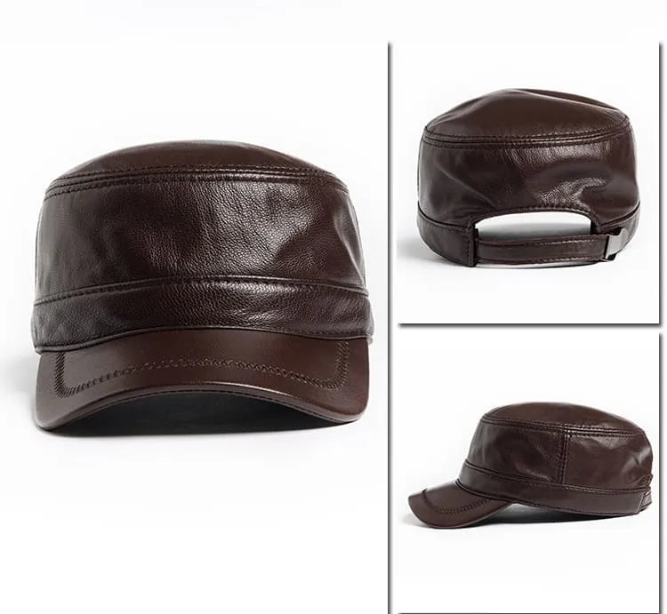 Genuine Cowhide Leather Army Cap – Premium Military Style Hat