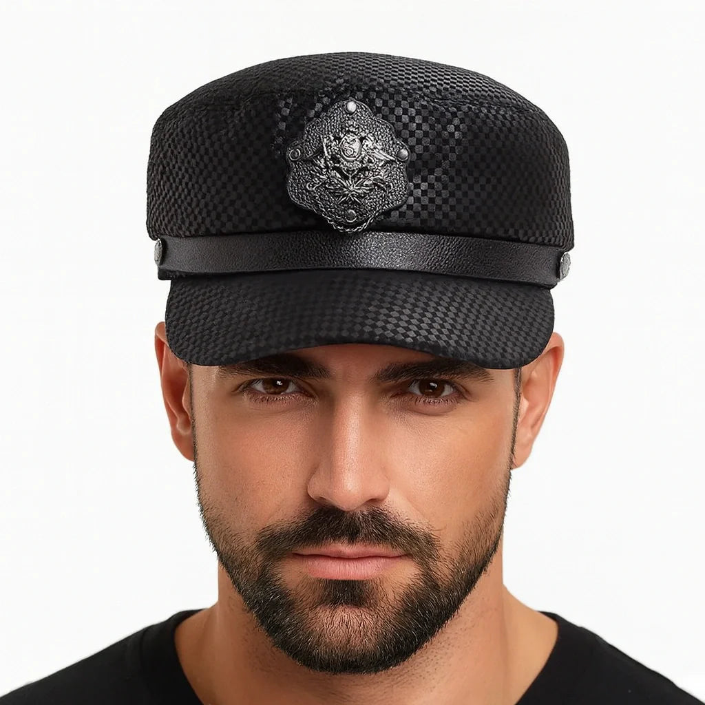 Punk Black Genuine Leather Sailor Cap - Edgy Leather Sailor Style For Casual Looks