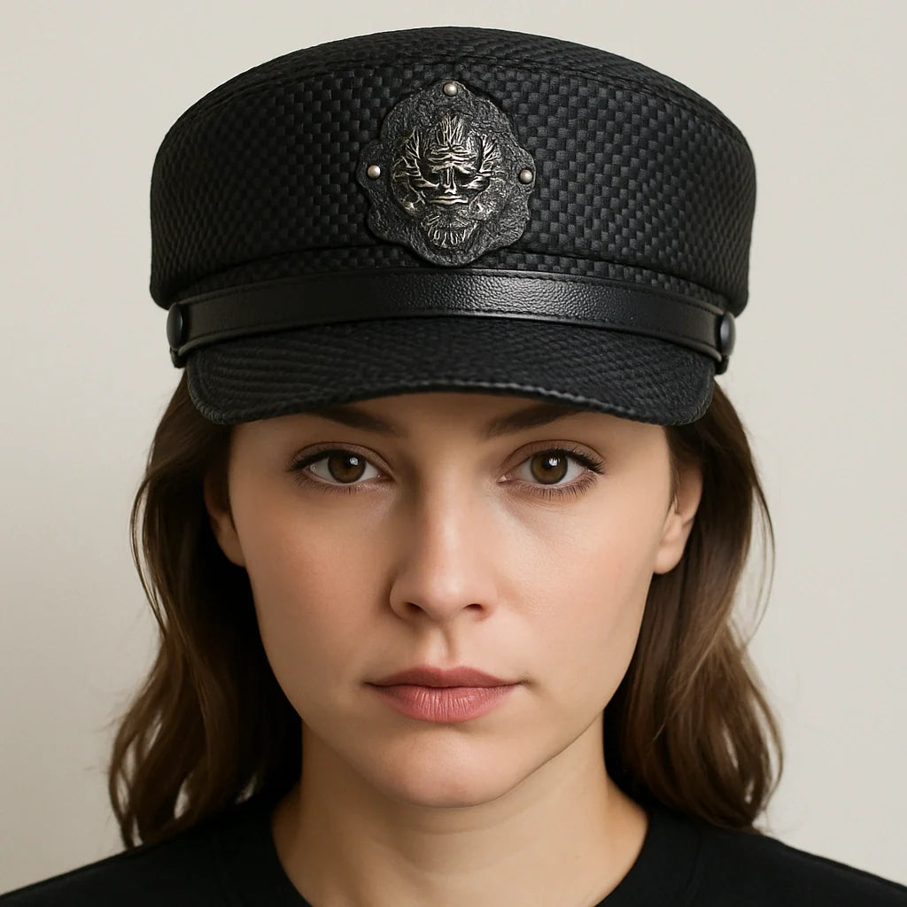 Punk Black Genuine Leather Sailor Cap - Edgy Leather Sailor Style For Casual Looks