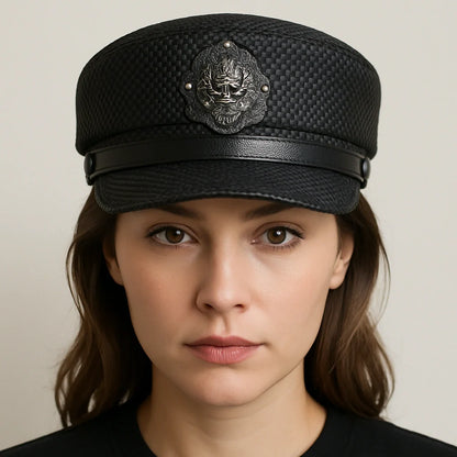 Punk Black Genuine Leather Sailor Cap - Edgy Leather Sailor Style For Casual Looks
