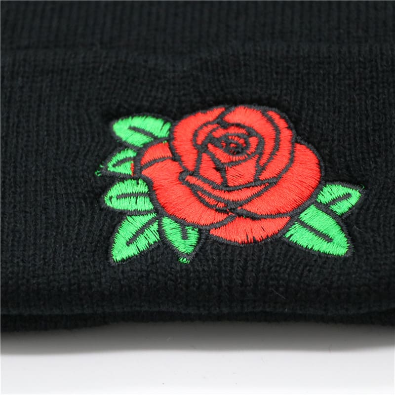 Red Rose Black Cotton Beanie - Urban Caps