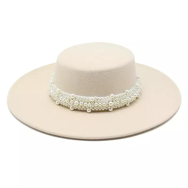 Reims Pearls Belt Boater Hat - Timeless Pearls Belt Boater Hat For Elegant Versatile Style