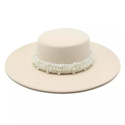 Reims Pearls Belt Boater Hat - Timeless Pearls Belt Boater Hat For Elegant Versatile Style