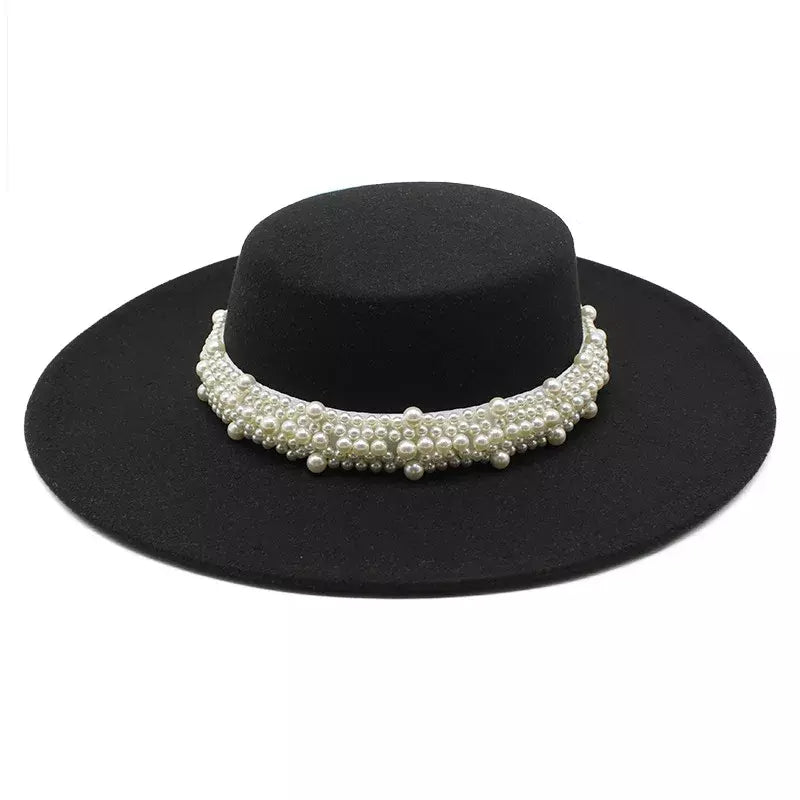 Reims Pearls Belt Boater Hat - Timeless Pearls Belt Boater Hat For Elegant Versatile Style