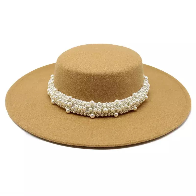 Reims Pearls Belt Boater Hat - Timeless Pearls Belt Boater Hat For Elegant Versatile Style