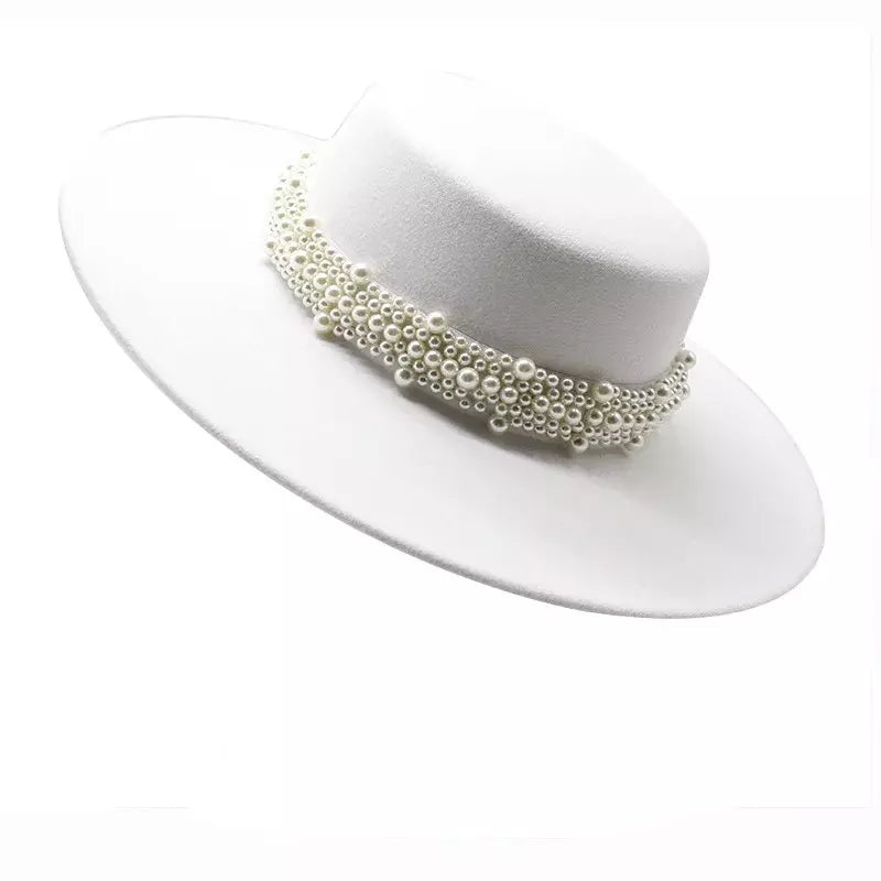 Reims Pearls Belt Boater Hat - Timeless Pearls Belt Boater Hat For Elegant Versatile Style