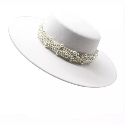 Reims Pearls Belt Boater Hat - Timeless Pearls Belt Boater Hat For Elegant Versatile Style