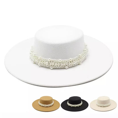 Reims Pearls Belt Boater Hat - Timeless Pearls Belt Boater Hat For Elegant Versatile Style