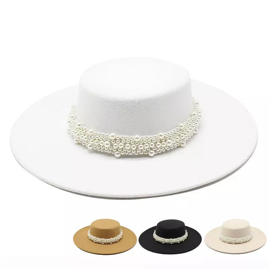 Reims Pearls Belt Boater Hat - Timeless Pearls Belt Boater Hat For Elegant Versatile Style