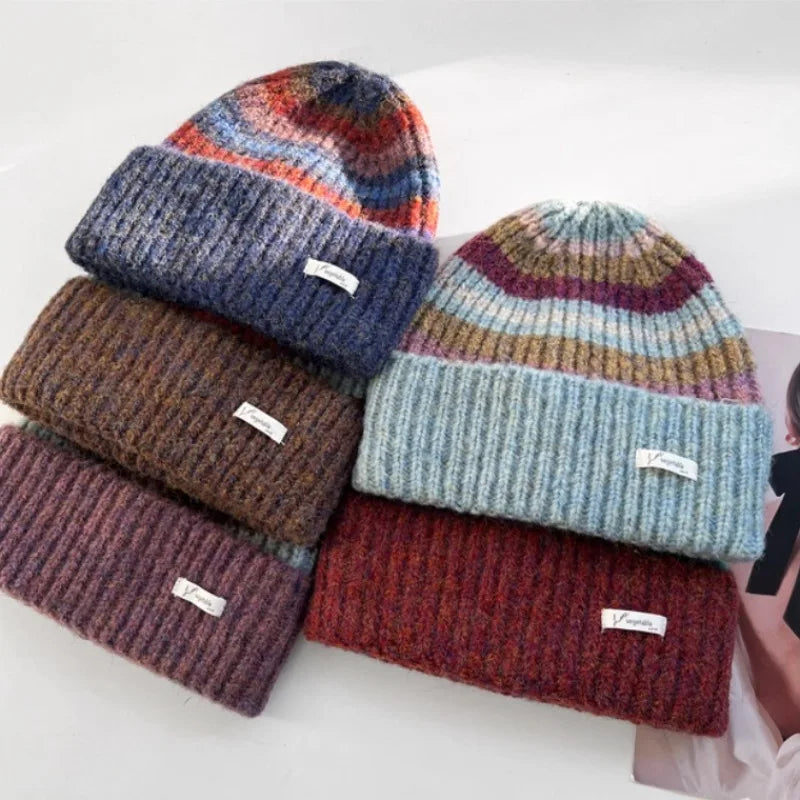 Korean Retro Gradient Striped Knitted Wool Beanie – Warm Winter Beanie for Women & Men | Urban Caps
