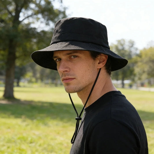 Foldable cargo bucket hat in grey with a chin cord for hiking