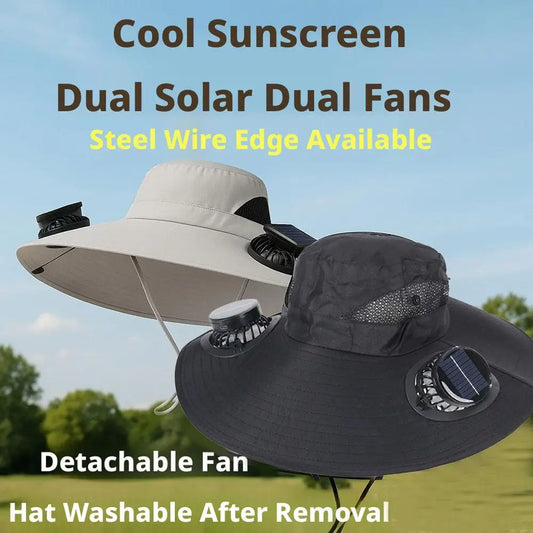 Wide brim solar fan sun hat in black with a built-in cooling fan