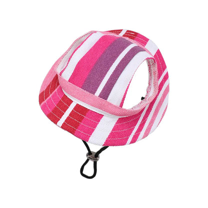 Small dog wearing a red baseball cap with ear holes
