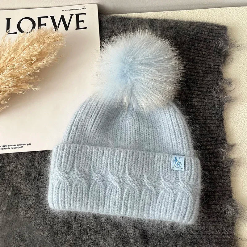 Windermere Fur Pompom Beanie in Light Blue