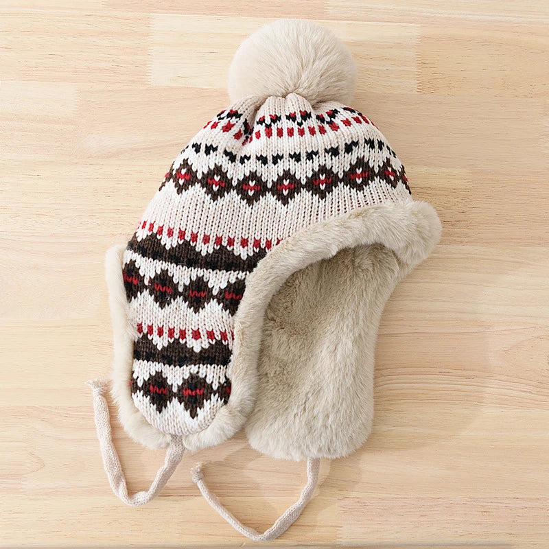 Whitehorse Knitted Patchwork Trapper Hat in Beige