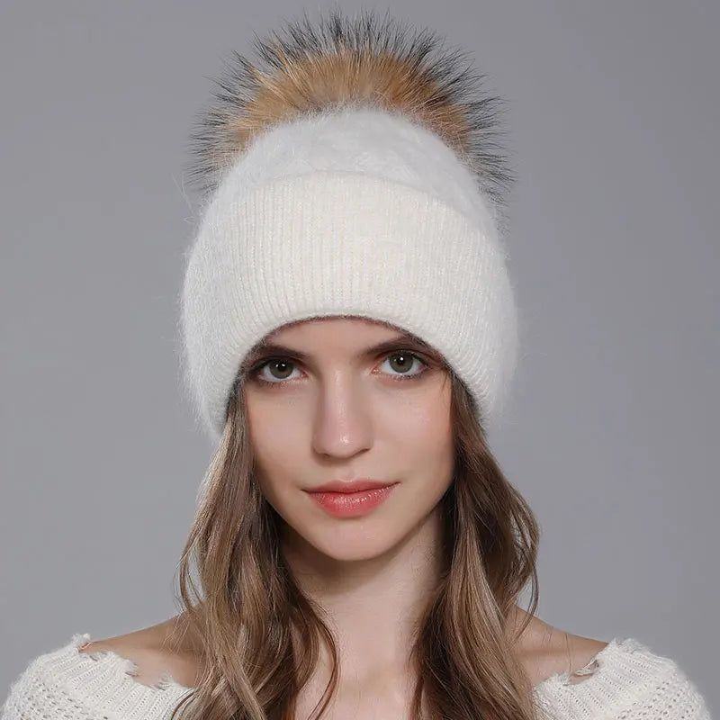 The Banff | Natural Raccoon Fur Pompom Knitted Beanie | Urban Caps NZ