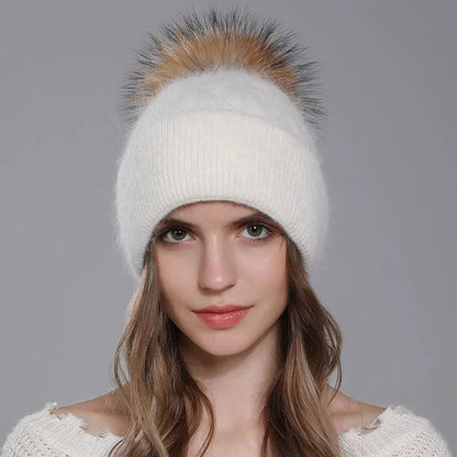 The Banff | Natural Raccoon Fur Pompom Knitted Beanie | Urban Caps NZ