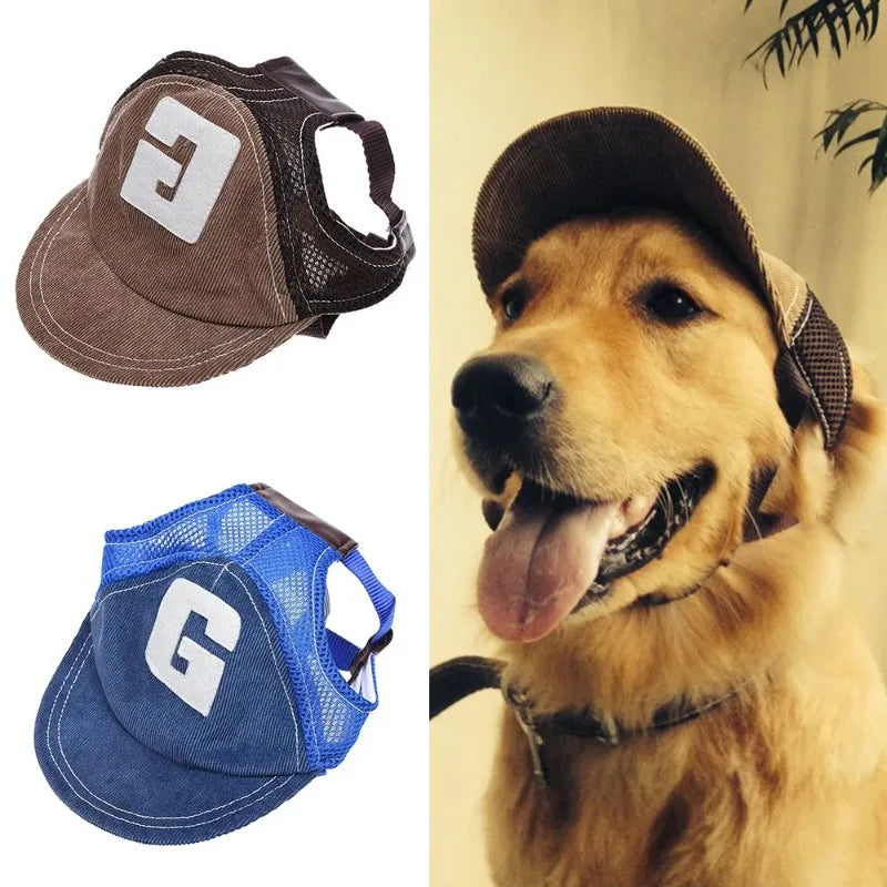Adjustable denim dog cap with ear holes in blue