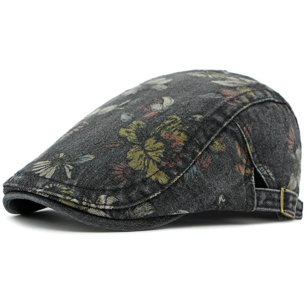 Lucca Floral Washed Denim Beret in Black