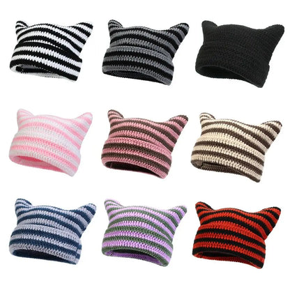 The Harajuku | Cat Ears Gothic Wool Striped Skullies Beanie | Urban Caps NZ