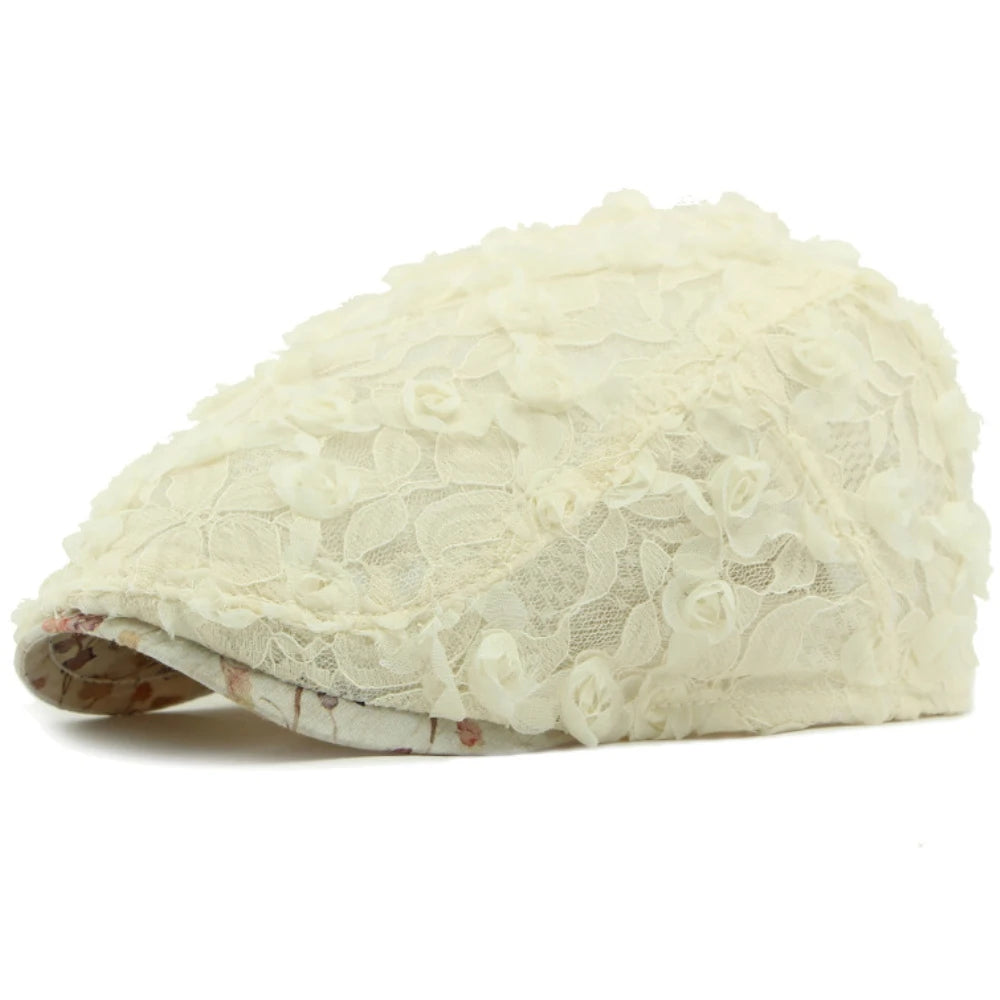 Glastonbury Lace Floral Beret in Beige
