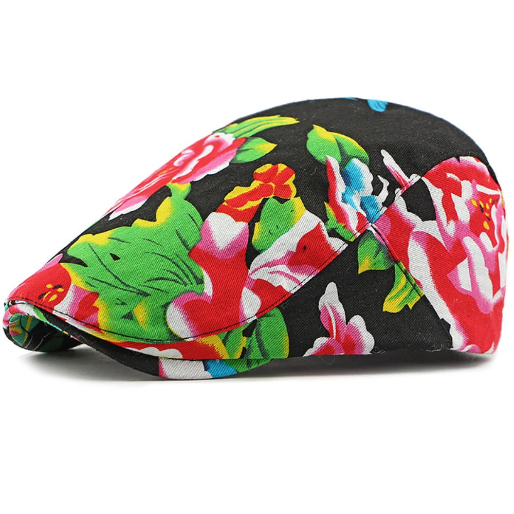 Milan Floral Print Beret in Black