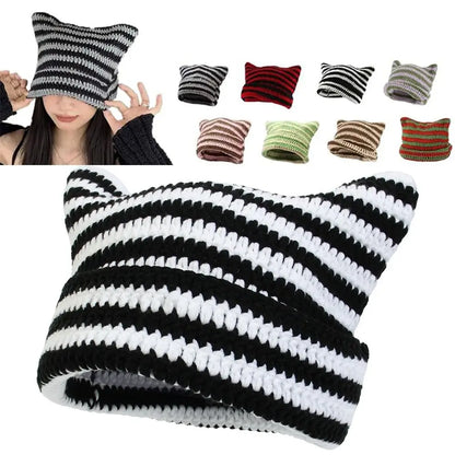 The Harajuku | Cat Ears Gothic Wool Striped Skullies Beanie | Urban Caps NZ