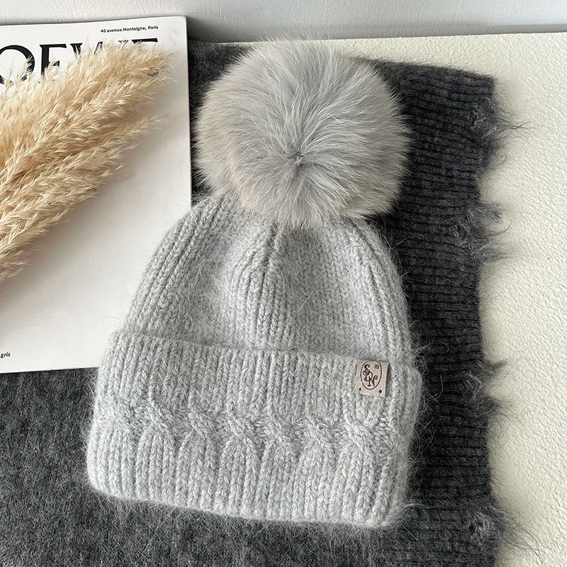 Windermere Fur Pompom Beanie in Light Heather Grey