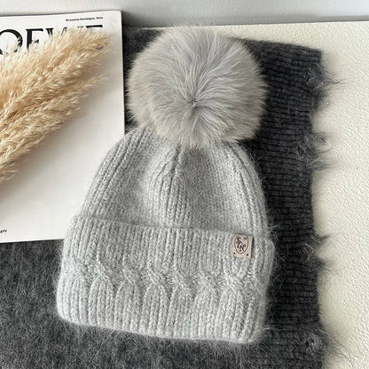 Windermere Fur Pompom Beanie in Light Heather Grey