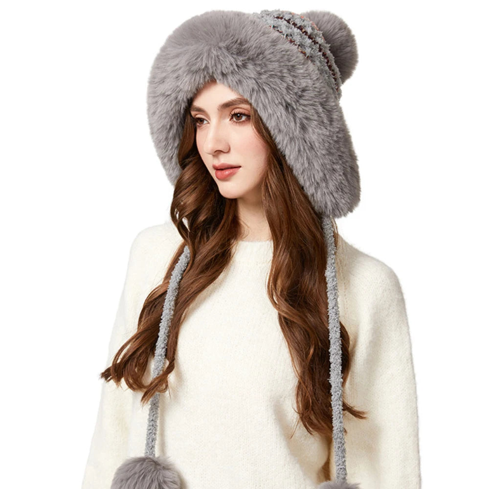 Nunavut Three-Pompom Fur Trapper Hat in Gray