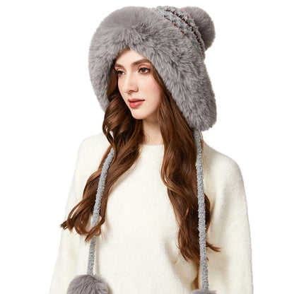 Nunavut Three-Pompom Fur Trapper Hat in Gray