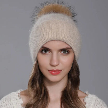 The Banff | Natural Raccoon Fur Pompom Knitted Beanie | Urban Caps NZ