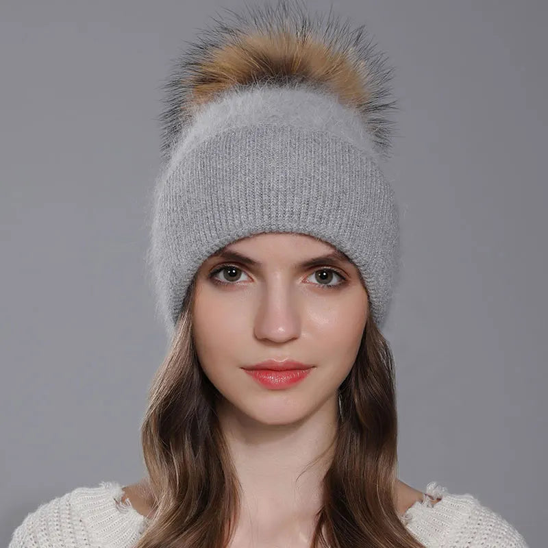 The Banff | Natural Raccoon Fur Pompom Knitted Beanie | Urban Caps NZ