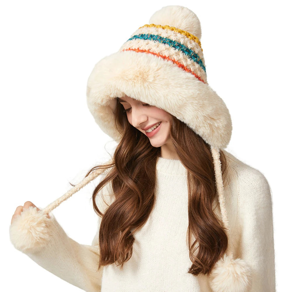 Nunavut Three-Pompom Fur Trapper Hat in Beige