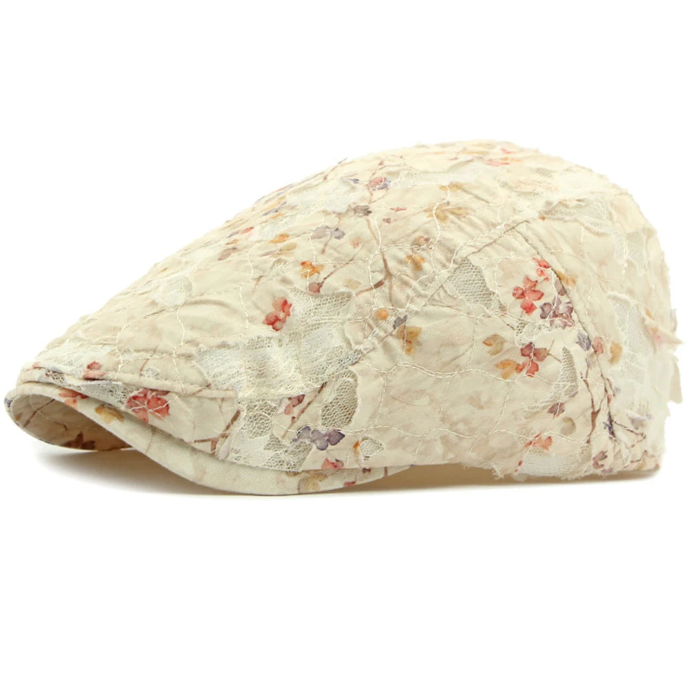 Glastonbury Lace Floral Beret in Beige Flower