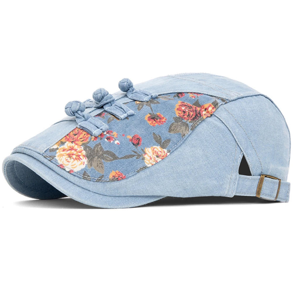 Tetbury Floral Patchwork Beret in Light Blue