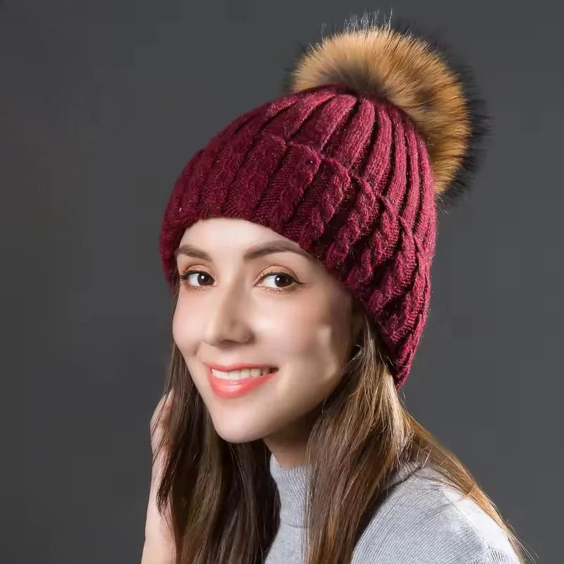 The Megeve | Classic Raccoon Fur Pompom Knitted Beanie | Urban Caps NZ