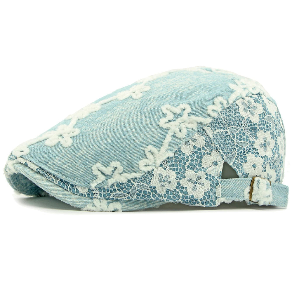Genoa Floral Denim Beret in Light Blue
